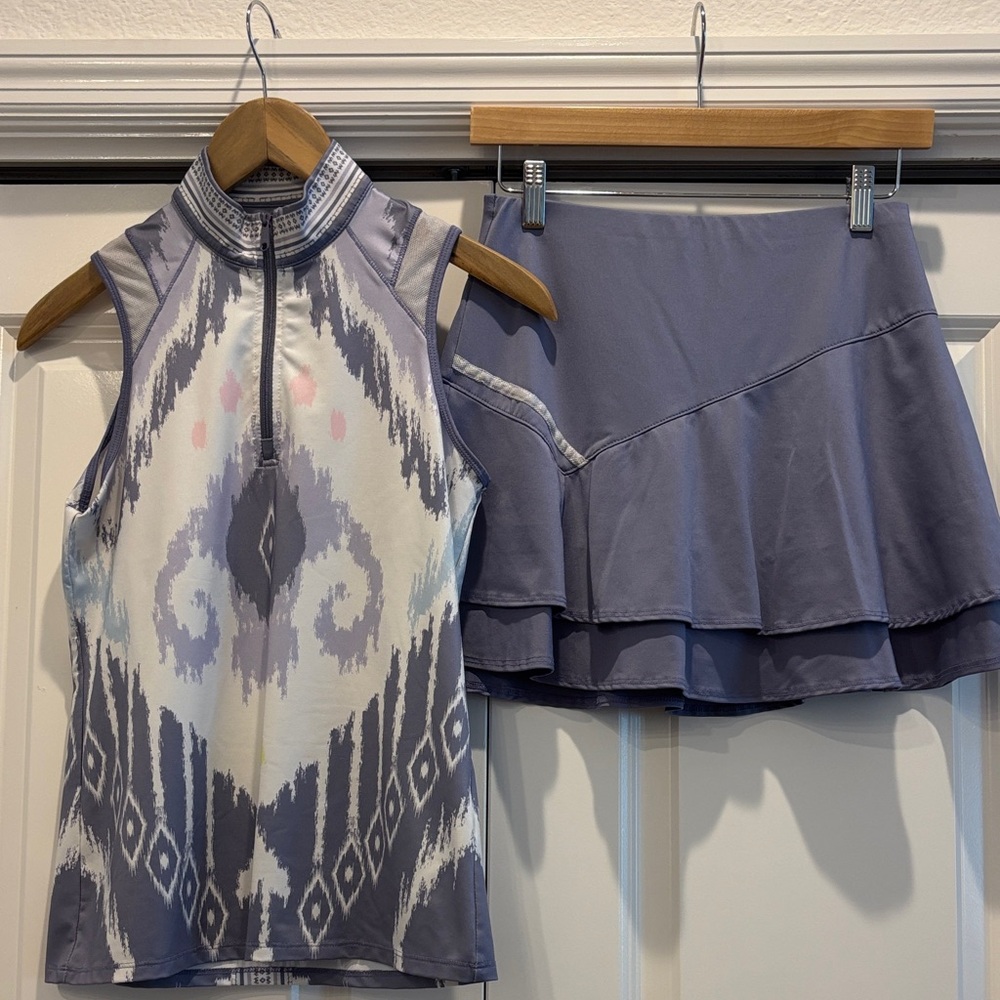 Gray and White Patterned Sleeveless Top and Skirt Set